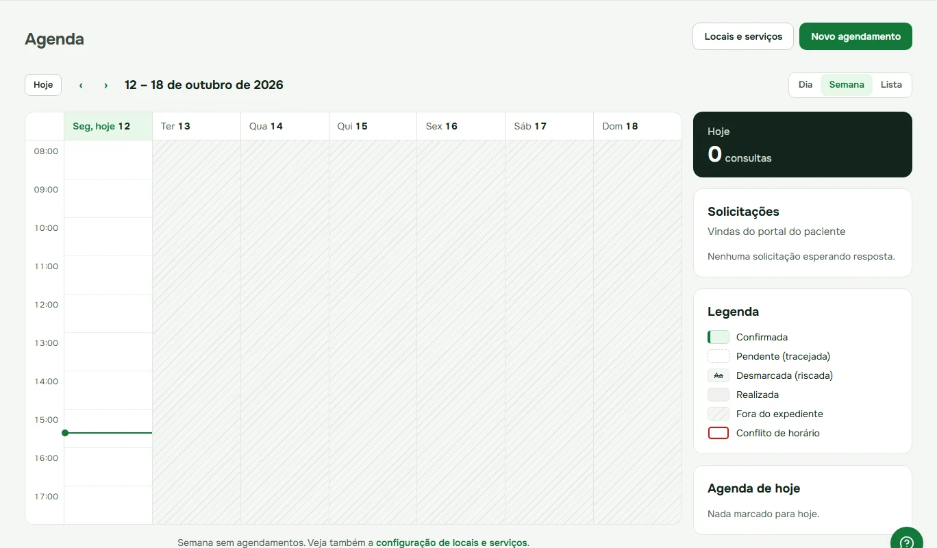Agenda semanal do Nutrigg com horários, disponibilidade e solicitações.