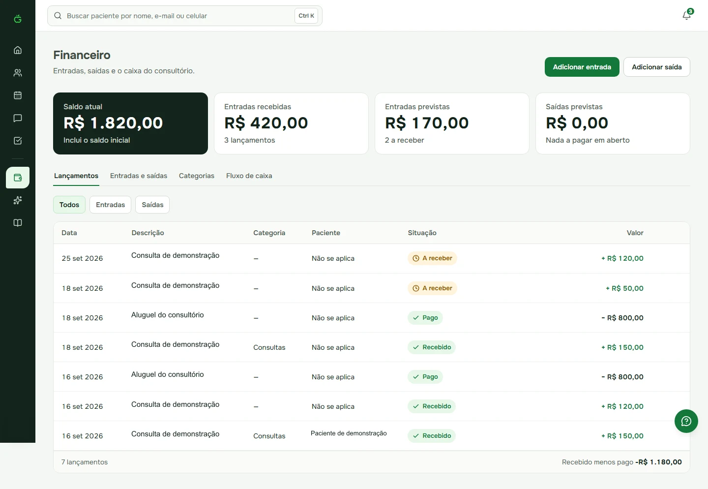Tela do financeiro com saldo, entradas, saídas e lançamentos de demonstração.