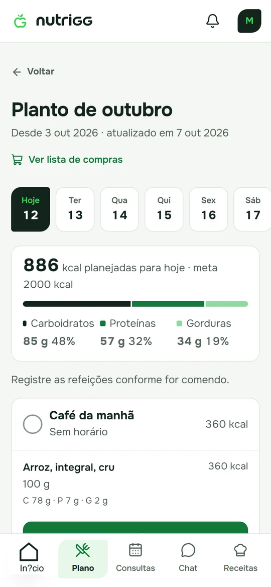 Portal do paciente no celular, com plano alimentar e refeições do dia.